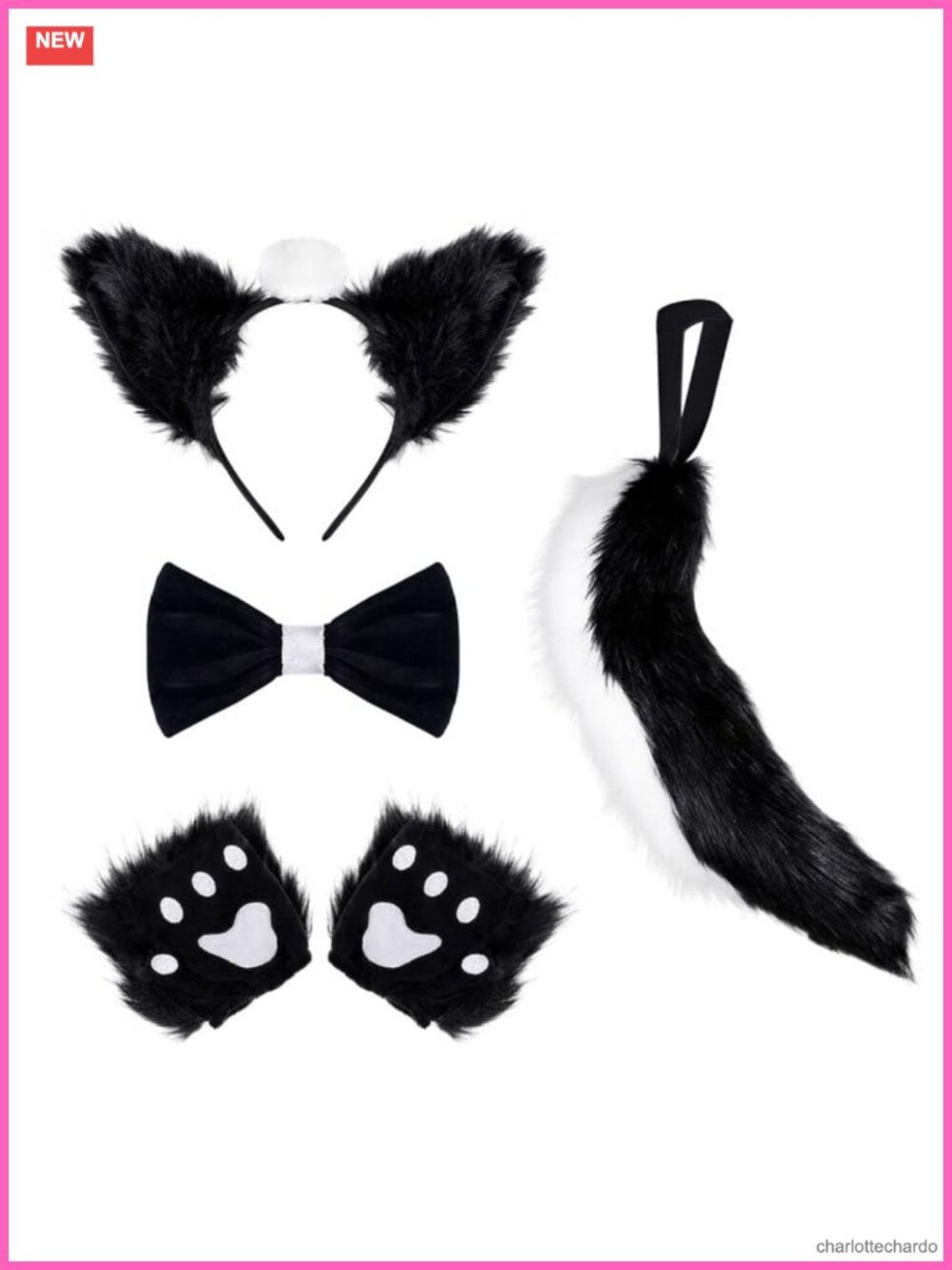 Faux Fur Skunk Ears Tail Bow Tie Gloves Cosplay Set